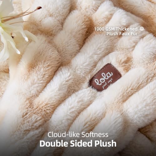 Double Sided Ruched Faux Rabbit Fur Throw Blanket,50x60 CaramelCream