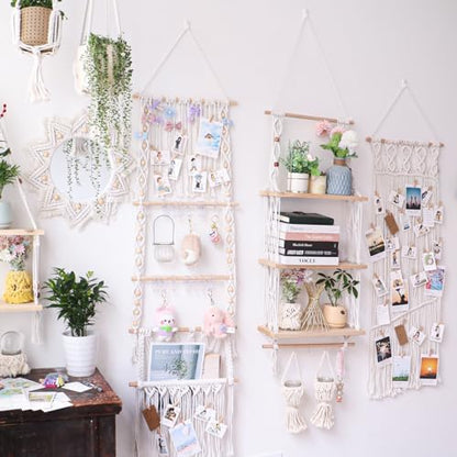 TENEWEE Boho Macrame Hanging Wall Shelf for Plant & Books Display