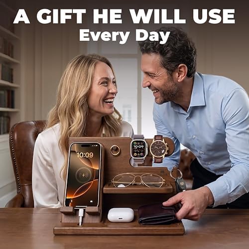 TESLYAR Wood Phone Docking Station for Men - Desk or Nightstand