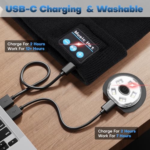 Bluetooth Beanie with Light, USB-C Charging 5 LED Flashlight Hat