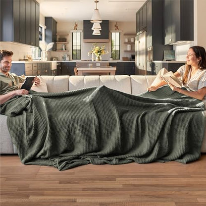 Bedsure 100% Cotton Blanket, Waffle Weave, King Size, Olive Green