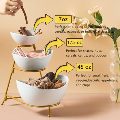 LYEOBOH 3 Tier Serving Bowls Set, Porcelain Oval Bowls with Stand for