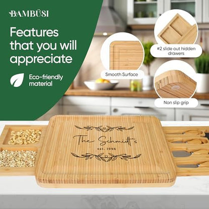 Personalized Charcuterie Board Gift Set - Custom Engraved Bamboo