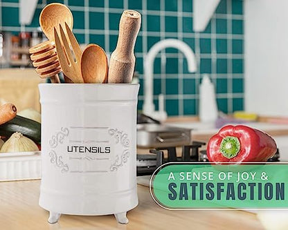 Comfify French White Ceramic Utensil Crock – French Country – Scroll