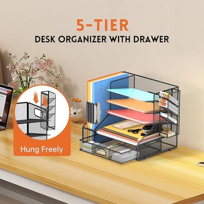 5-Tier Desk Organizer with File Holder & Pen Holder & Sliding Drawer