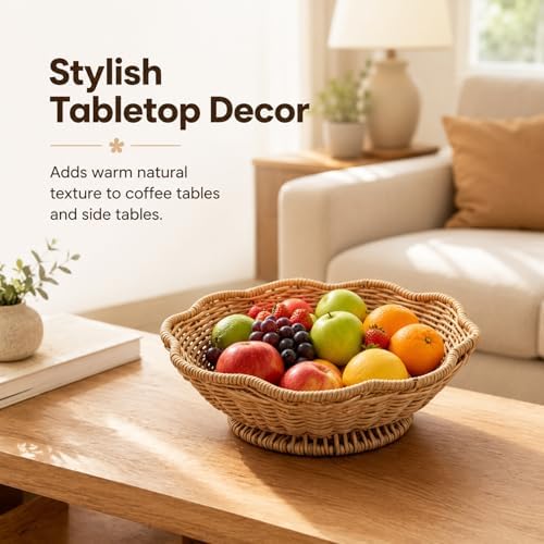 Faux Rattan Fruit Basket Tray, PP Handwoven Decorative Bowl for