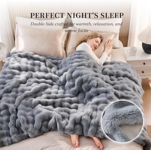 IKALIFE Cozy Bubble Faux Fur Twin Blanket for Couch, 60x80 Light Grey