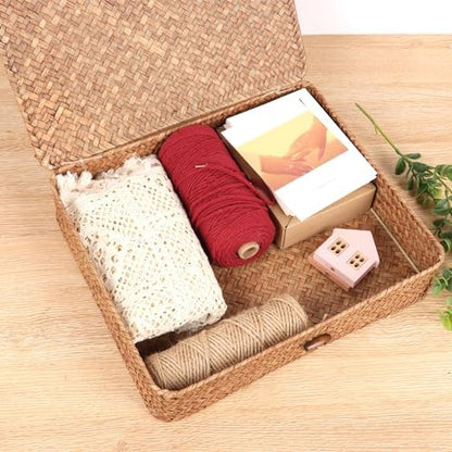Moosky Flat Wicker Shelf Baskets with Lid, Handwoven Seagrass Basket