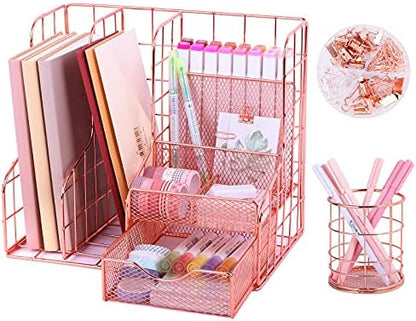 TNELTUEB Rose Gold Desk Organizer with 6 Compartments, Mesh Metal Home