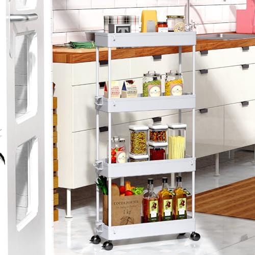 SPACEKEEPER Slim Rolling Storage Cart, 4 Tier Bathroom Cart Organizer