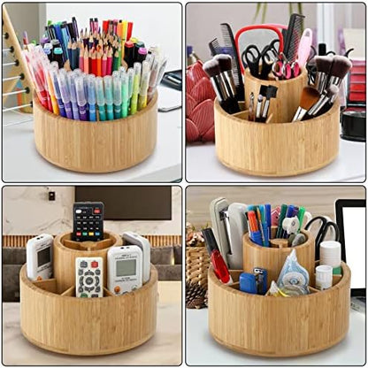 SOUJOY Bamboo Pen Holder Organizer, 360°Rotating Art Supply Organizer