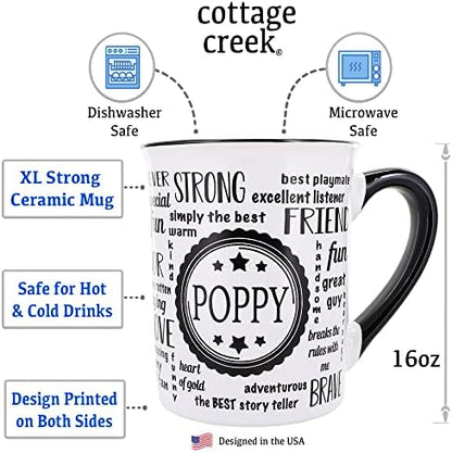 Cottage Creek Poppy Coffee Mug, Word Art Cup, Fathers Day Gift for