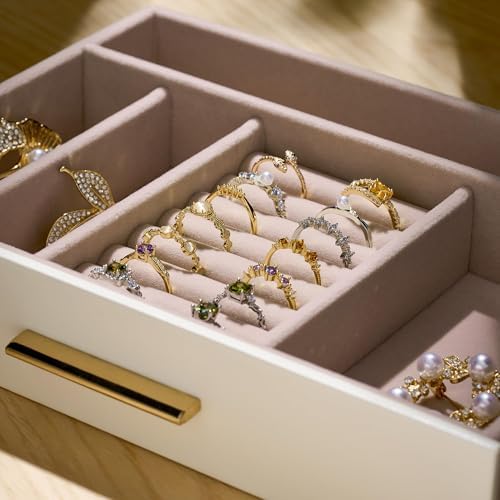 Jewelry Box Organizer Storage Case, 5-Layer with Glass Window, White