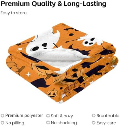 Orange Halloween Blanket, Spooky Pumpkin Ghosts Fleece Throw Blanket