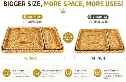 i-lan 17 x 13 Oversized Rattan Serving Tray Set of 3, Woven Wicker