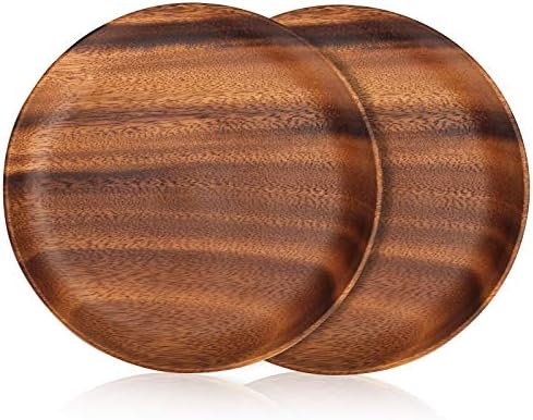 12 Inch Acacia Wood Food Dinner Plates Set of 2 Round Wooden Serving