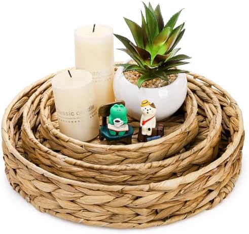 Cedilis Set of 3 Grass Round Fruit Tray, Hand Woven Coffee Table Tray