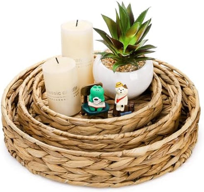 Cedilis Set of 3 Grass Round Fruit Tray, Hand Woven Coffee Table Tray