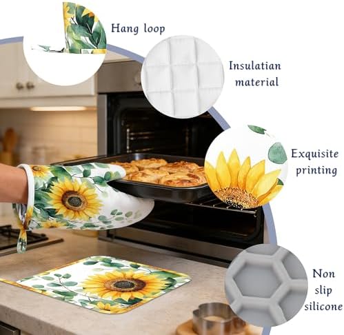 Sunflower Flowers Oven Mitts and Pot Holders Sets of 4 Watercolor