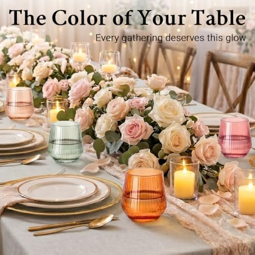 Colored Stemless Wine Glasses Set of 6, 12.5 Oz Ribbed Wine