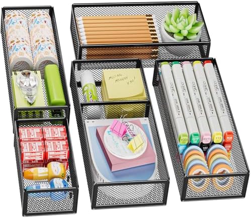 Marbrasse 5 Pack Desk Drawer Organizer Set, Mesh Drawer Storage Trays