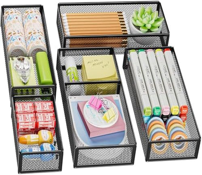 Marbrasse 5 Pack Desk Drawer Organizer Set, Mesh Drawer Storage Trays