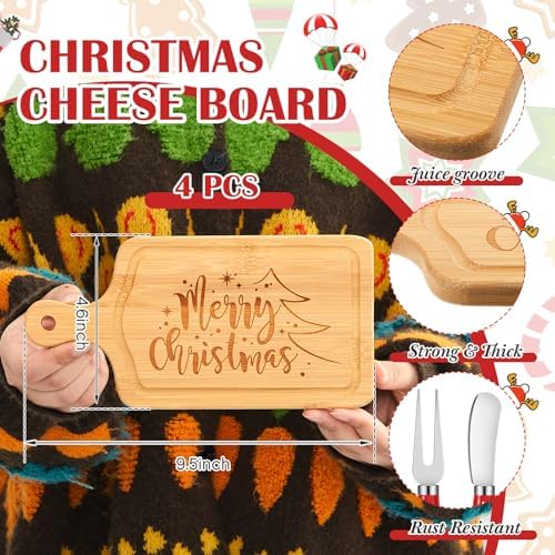 Ziliny 4 Set Christmas Cheese Board and Knife Set, Wooden Small