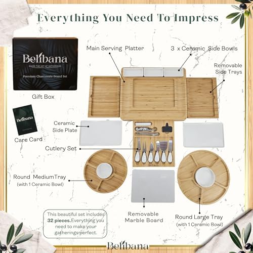 Charcuterie Board Set, Bamboo Cheese Serving Platter with 3 Ceramic