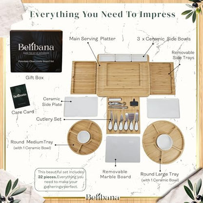 Charcuterie Board Set, Bamboo Cheese Serving Platter with 3 Ceramic