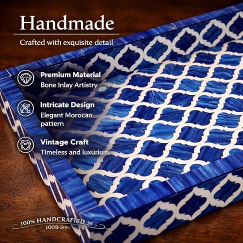 Handmade Blue White Bone Inlay Serving Tray Moroccan Damask