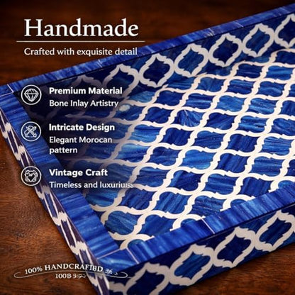 Handmade Blue White Bone Inlay Serving Tray Moroccan Damask