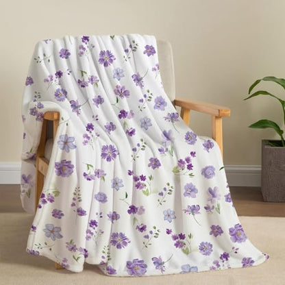 Floral Throw Blanket Purple Flowers Blanket Ultra Soft Flannel Fleece