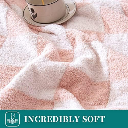 SeaRoomy Fuzzy Checkered Throw Blanket for Couch,Light Pink 51"X63"