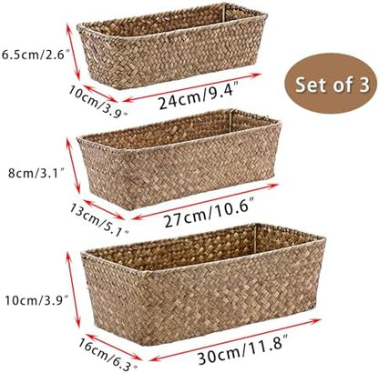 3 Natural Wicker Basket Set Rectangular Handwoven Seagrass Basket