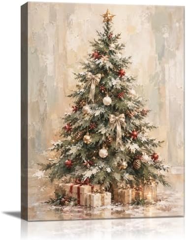 Christmas Canvas Wall Art, Snowy Christmas Tree Gift Boxes Canvas