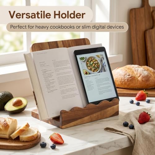 Scalloped Acacia Wood Cookbook Stand, Recipe Book Holder Keeps Pages