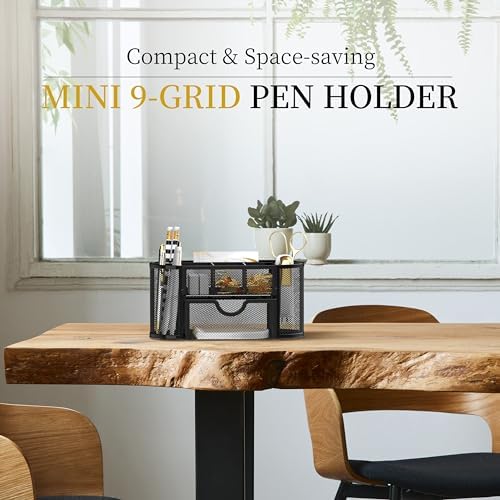 Mesh Desk Organizer with Drawer, 9-Compartment Pen Holder for Desk