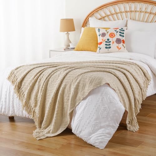 BATTILO HOME Beige Throw Blanket for Couch, Knitted Beige Throw for