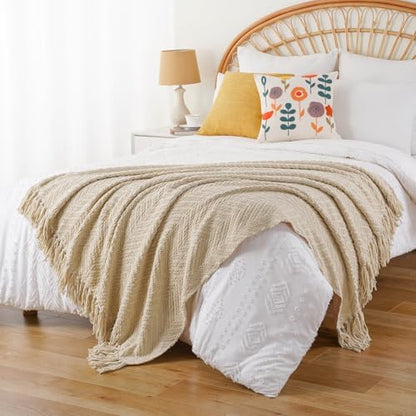 BATTILO HOME Beige Throw Blanket for Couch, Knitted Beige Throw for