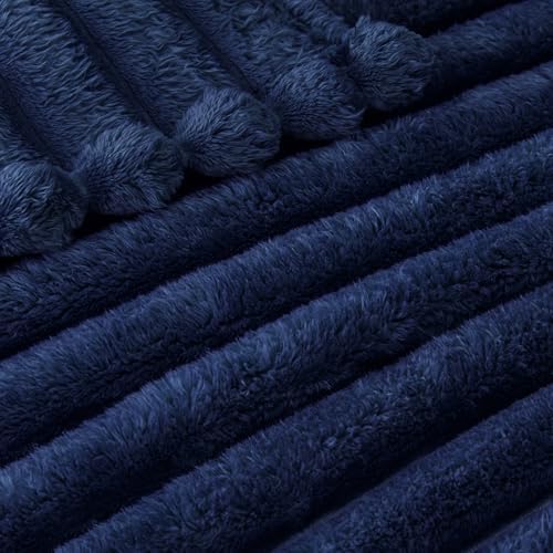 Exclusivo Mezcla Striped Fleece Throw Blanket for Couch, Sofa, Navy