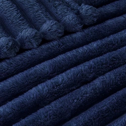 Exclusivo Mezcla Striped Fleece Throw Blanket for Couch, Sofa, Navy