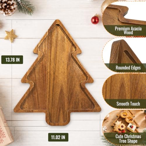 Acacia Wood Christmas Tree Charcuterie Board Tray Platter, Xmas