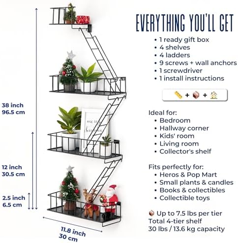 Fire Escape Shelf, 3.5 Tier Floating Ladder Shelf for Wall Decor &