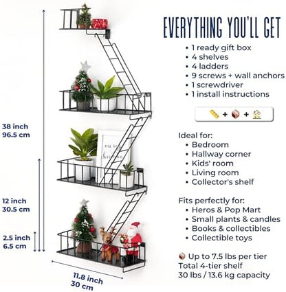 Fire Escape Shelf, 3.5 Tier Floating Ladder Shelf for Wall Decor &