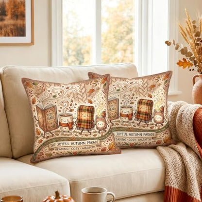 Cozy Autumn Reading Animated Objects Throw Pillow Covers 22x22 Set of