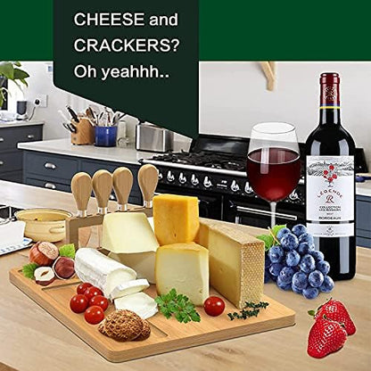 Bamboo Cheese Board, Cheese Tray with 4 Stainless Cutlery