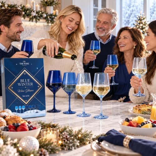 Winter Blue Christmas Wine Glasses Set of 6 Colored Crystal 12oz Navy