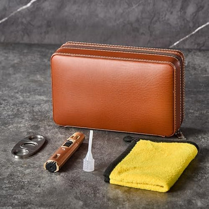 Leather Cigar Case, Travel Humidor Holds 7 Cigars, Brown Cedar Wood