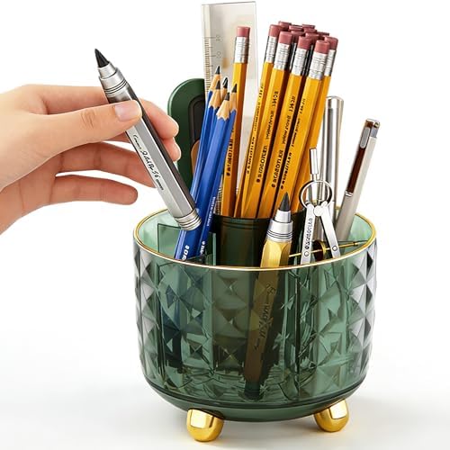 GOTOBA Dark Green Pen Pencil Holder for Desk, 360° Rotating Pen