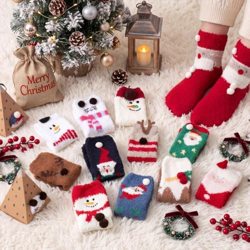Newcotte 12 Pairs Christmas Fuzzy Socks Bulk with Gift Box for Girls